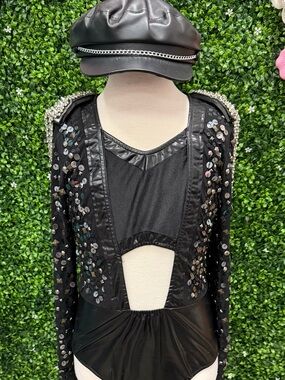 Glamour Black Sequin Studded Dance Costume with Leatherette Accents